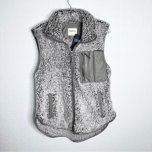 Abercrombie & Fitch Vest Women Small Sherpa Fleece Jacket Gray Leather Pocket